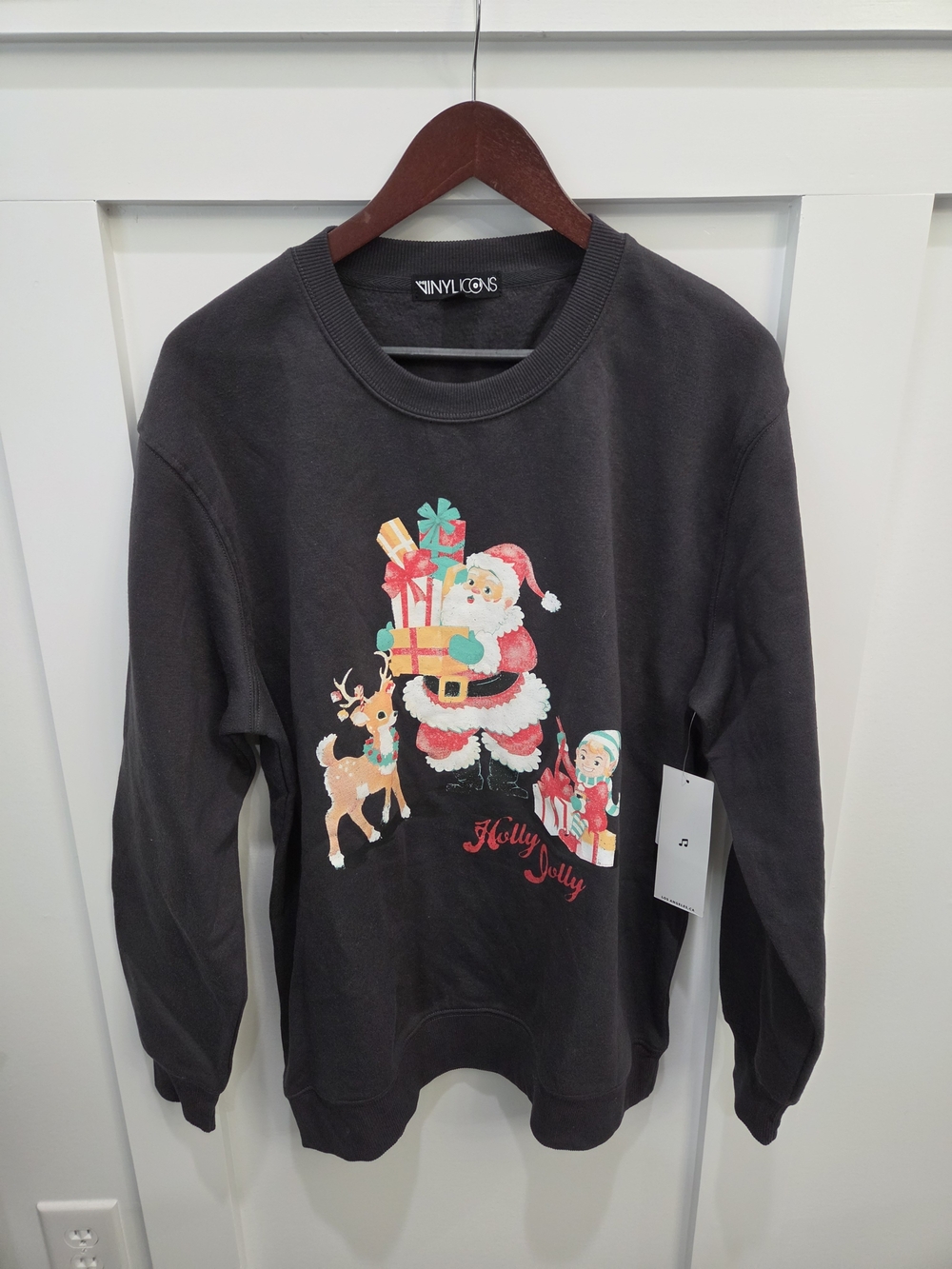 Vinyl Icons womens Black 'Holly Jolly' Santa Graphic Sweater